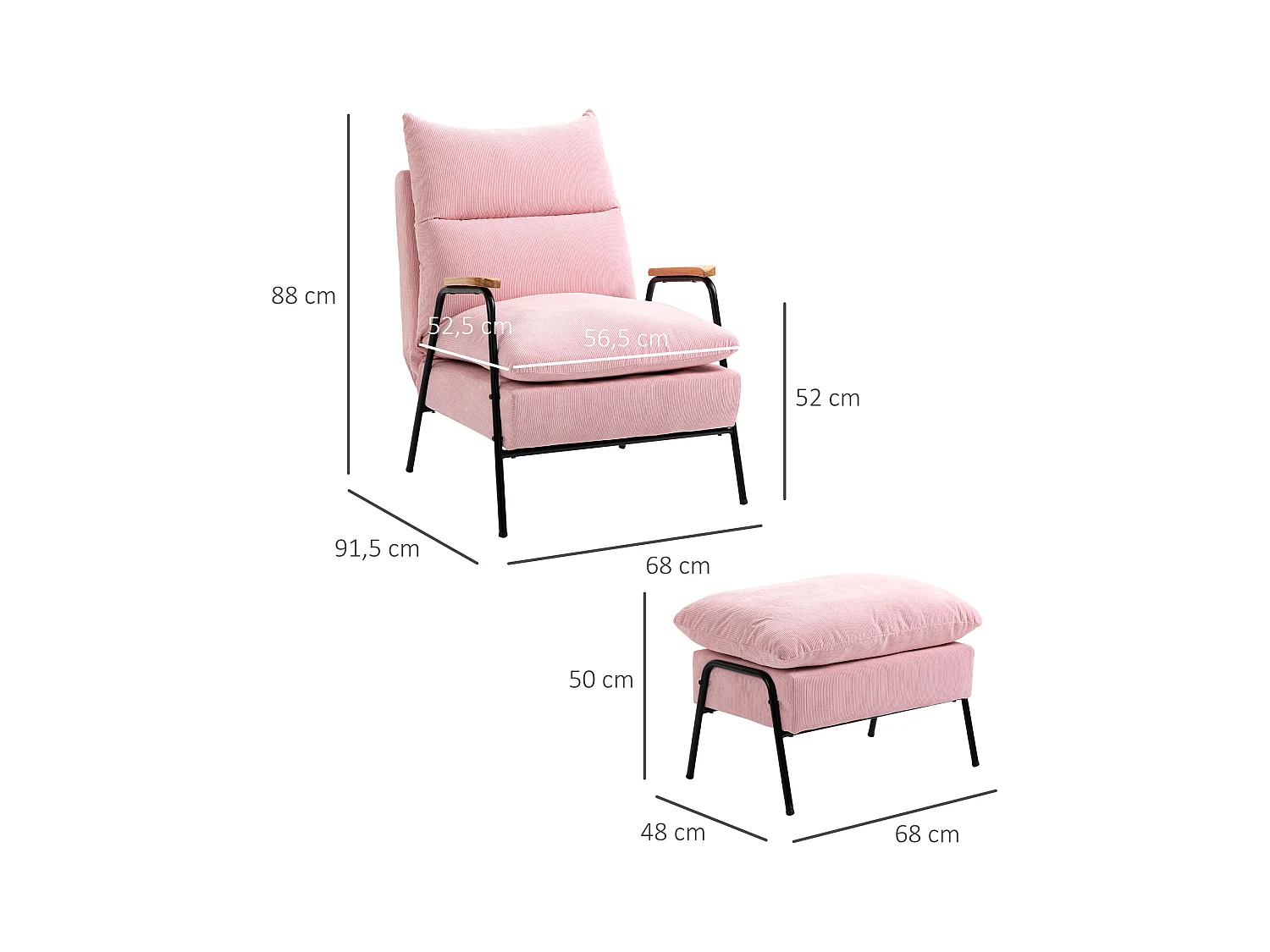 Fauteuil oreille avec repose-pieds tissu inclinabile relax salon chambre rose 68x91,5x88 cm