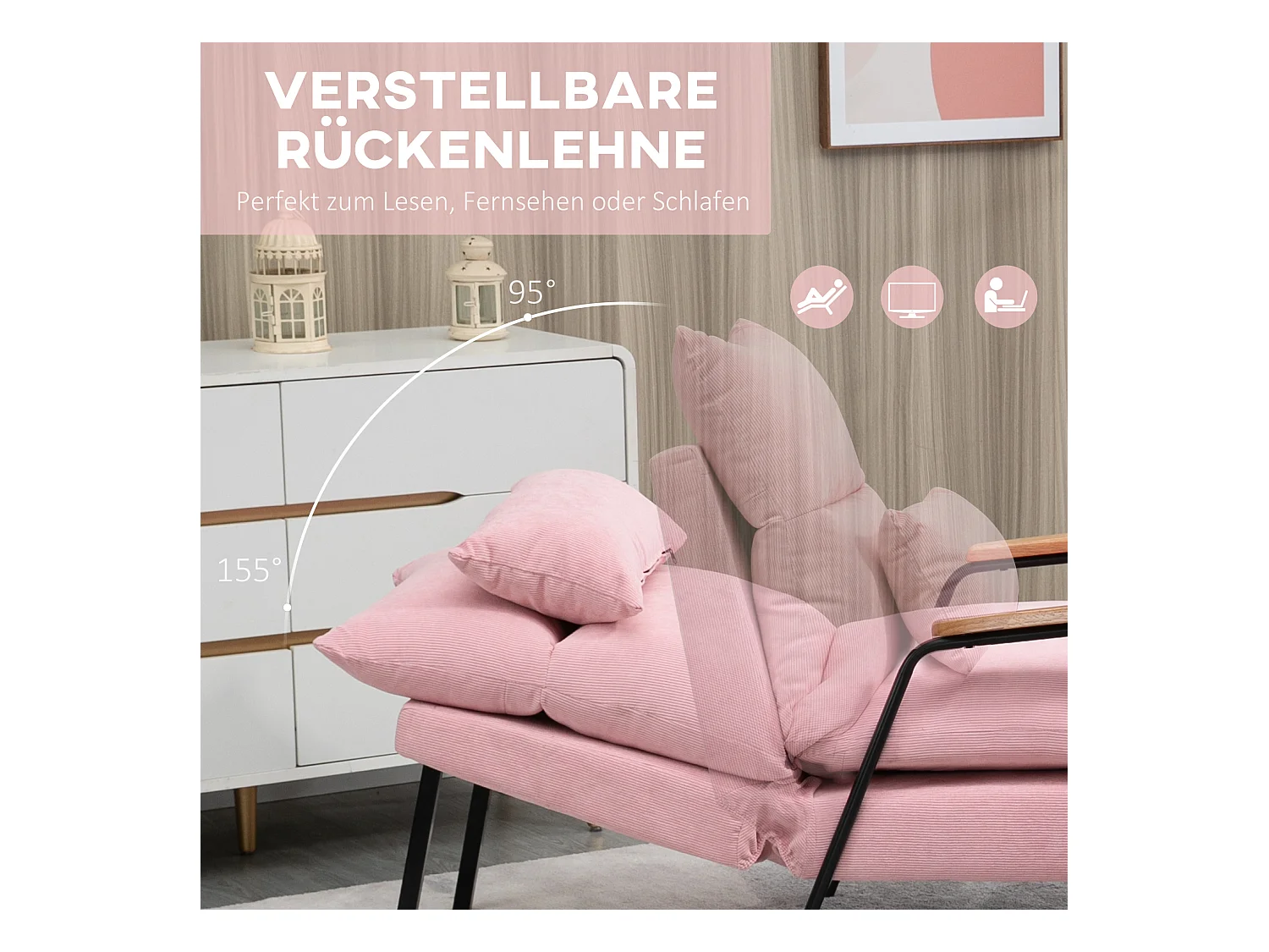 Fauteuil oreille avec repose-pieds tissu inclinabile relax salon chambre rose 68x91,5x88 cm