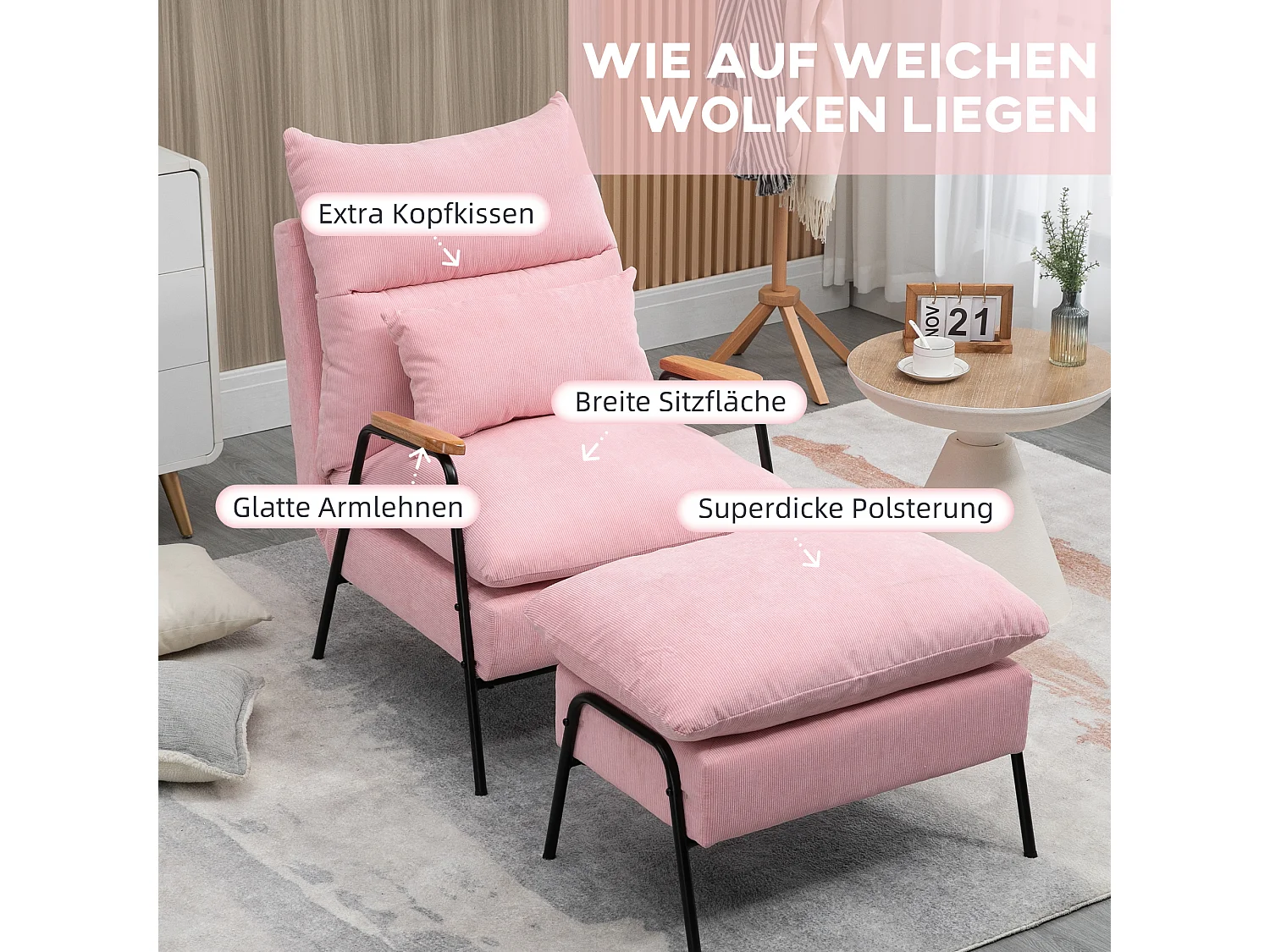 Fauteuil oreille avec repose-pieds tissu inclinabile relax salon chambre rose 68x91,5x88 cm