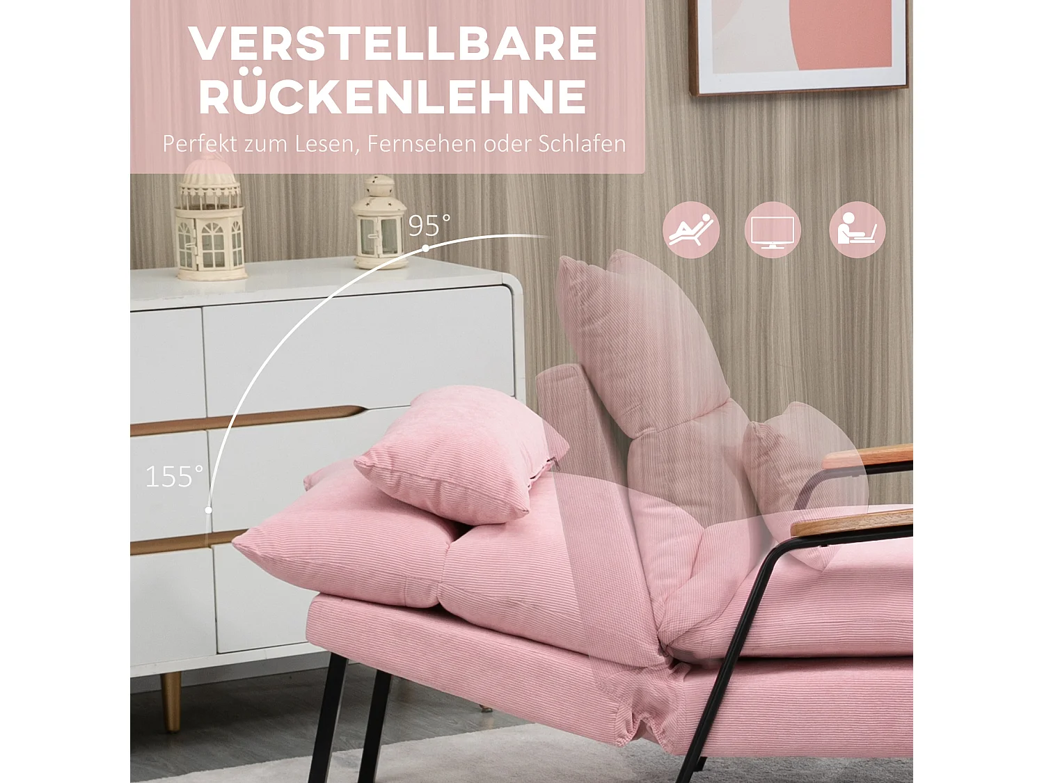 Fauteuil oreille avec repose-pieds tissu inclinable relax salon chambre rose 68x91,5x88 cm