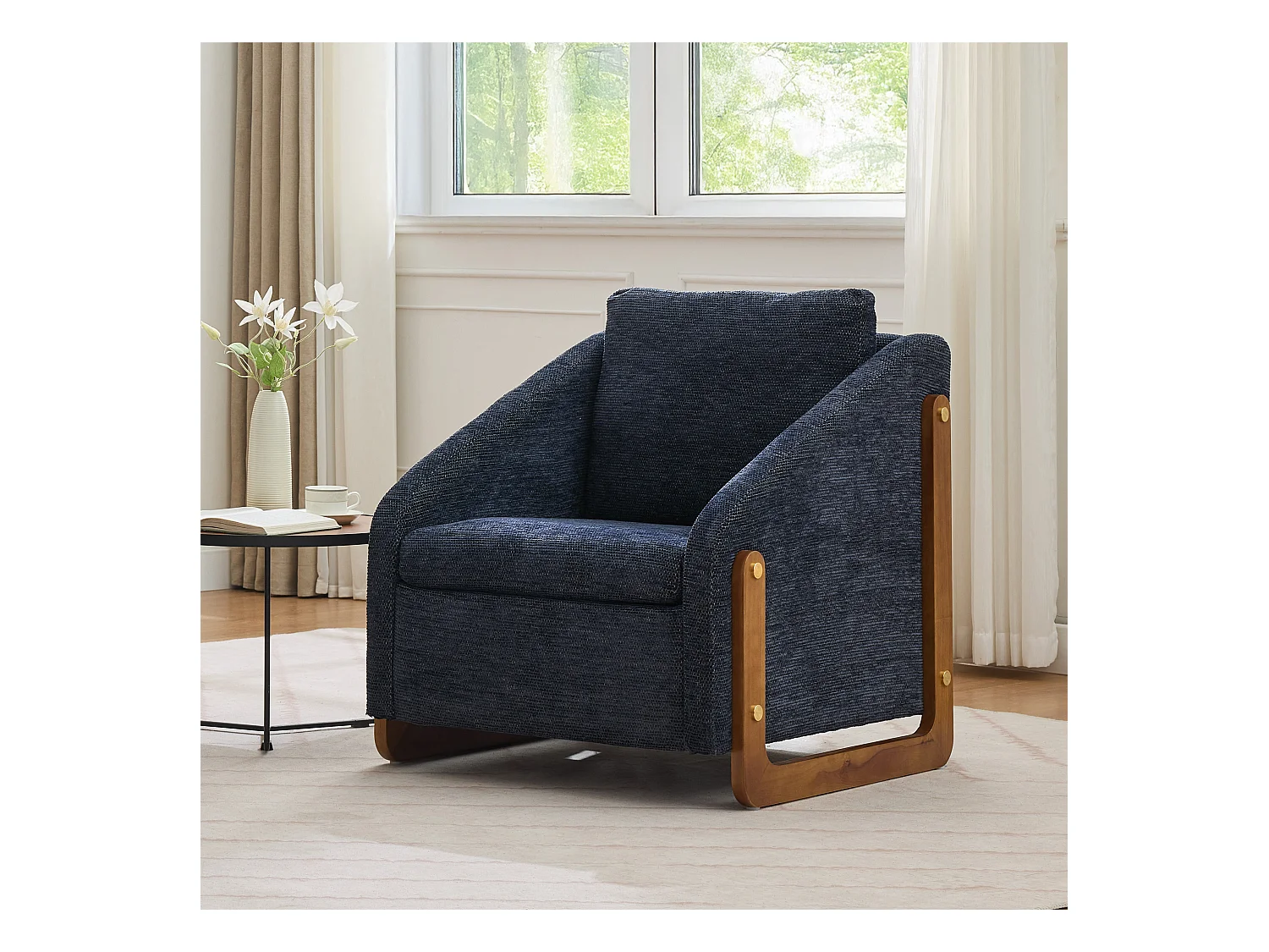 Poltrona de chenille azul para sala de estar, quarto, braços de madeira, 73,5x73,5x73,5 cm