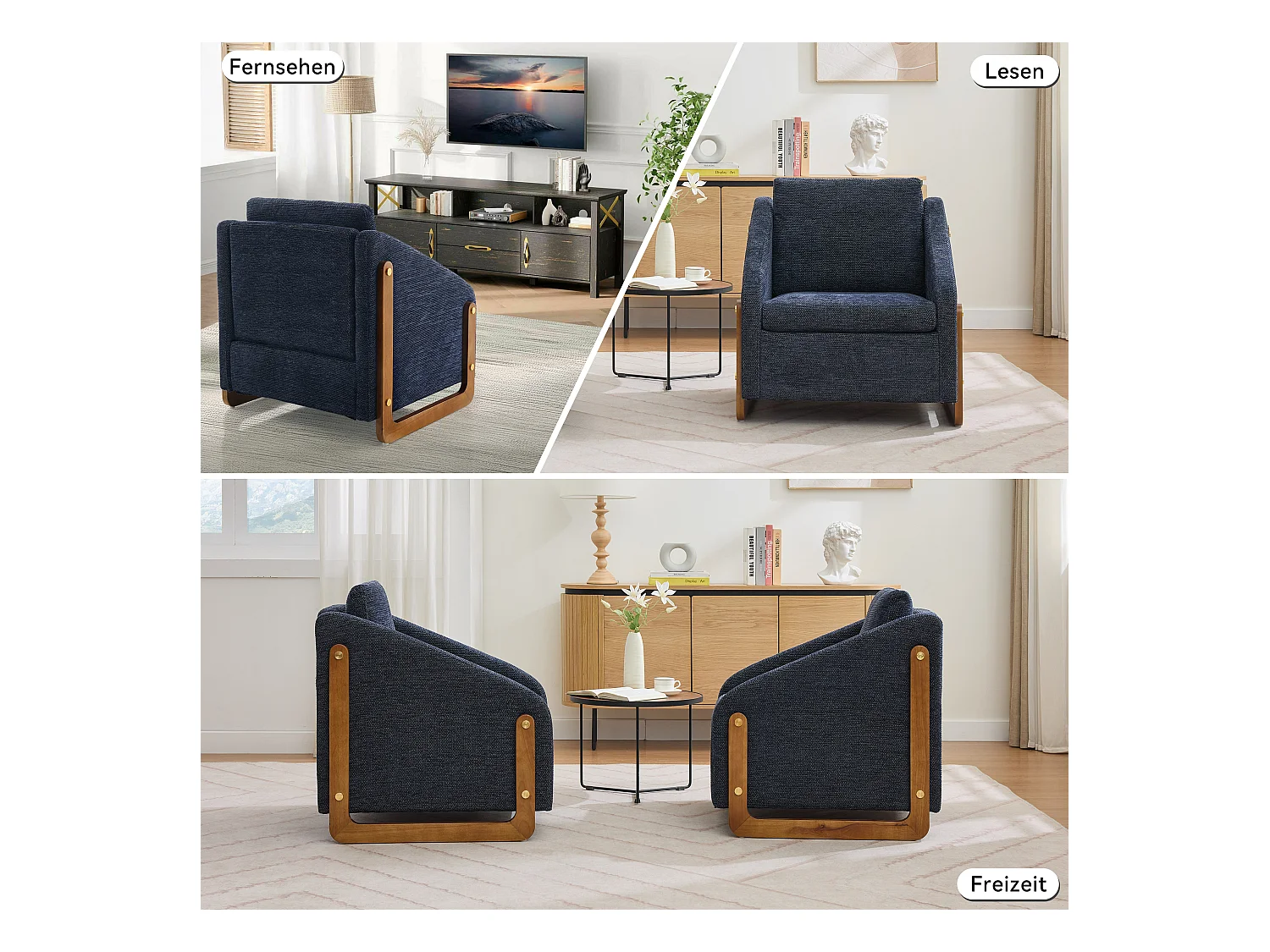 Poltrona de chenille azul para sala de estar, quarto, braços de madeira, 73,5x73,5x73,5 cm