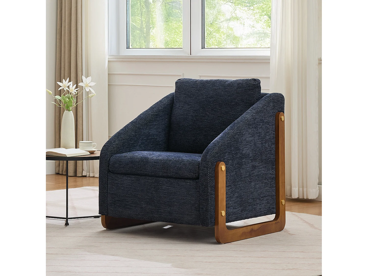 Fauteuil lounge chenille bleu chaise salon chambre accoudoirs bois 73,5x73,5x73,5cm