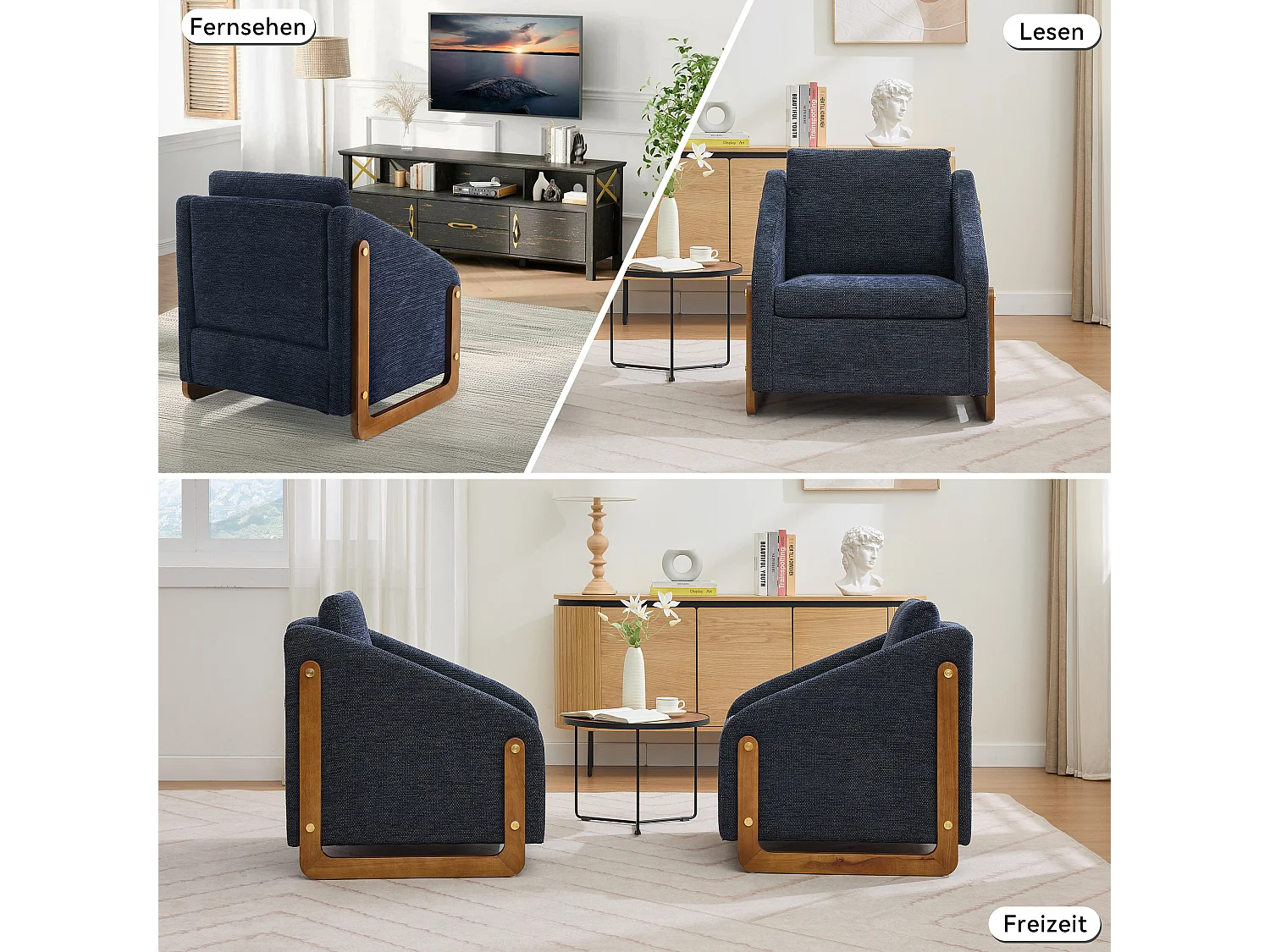 Fauteuil lounge chenille bleu chaise salon chambre accoudoirs bois 73,5x73,5x73,5cm