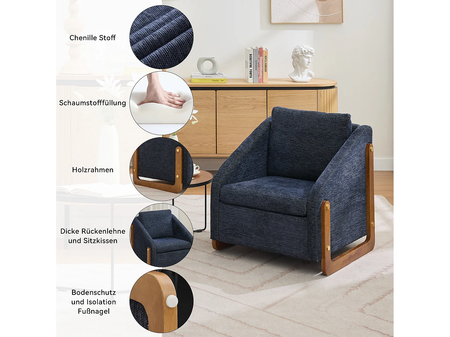 Fauteuil lounge chenille bleu chaise salon chambre accoudoirs bois 73,5x73,5x73,5cm