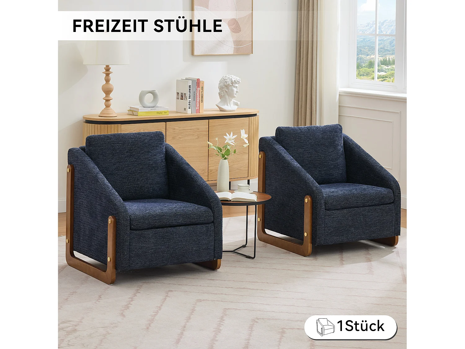 Fauteuil lounge chenille bleu chaise salon chambre accoudoirs bois 73,5x73,5x73,5cm