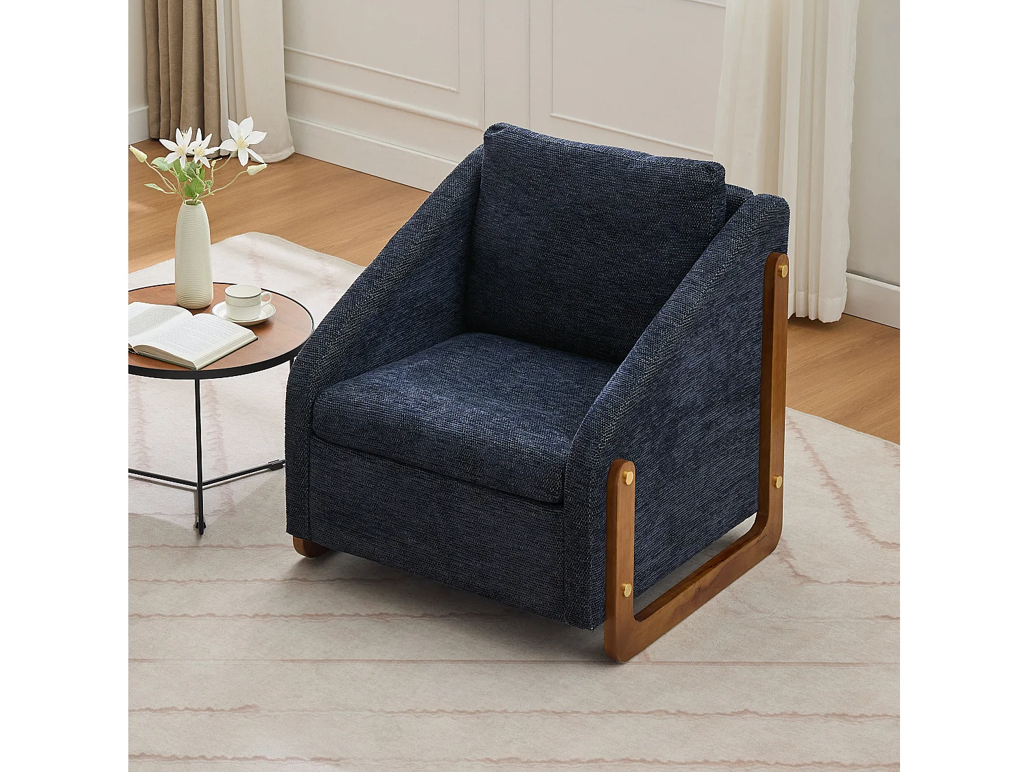 Fauteuil lounge chenille bleu chaise salon chambre accoudoirs bois 73,5x73,5x73,5cm
