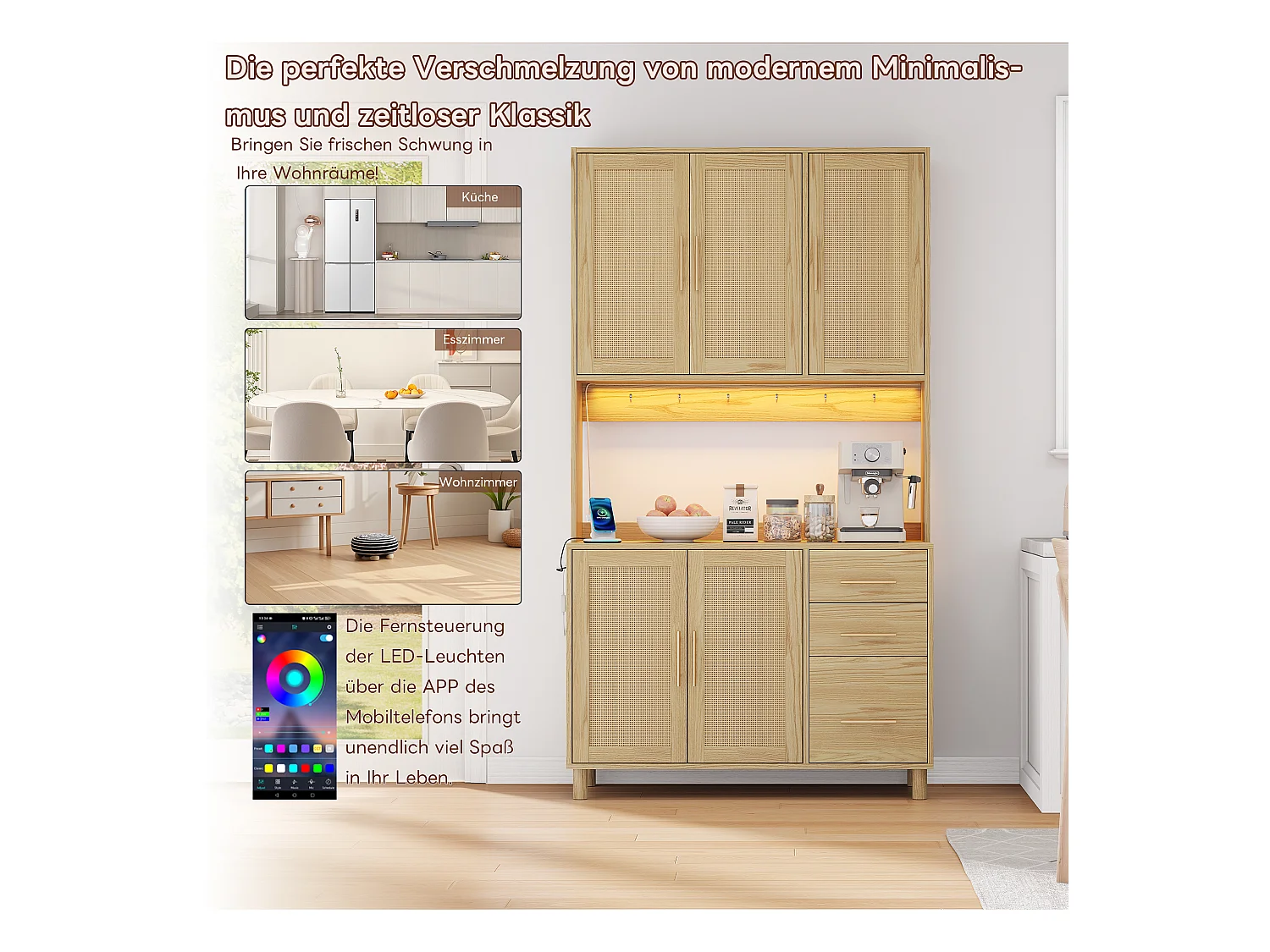 Aparador de cozinha 183cm MDF Rattan LED Tomadas USB 3 gavetas armazenamento dourado