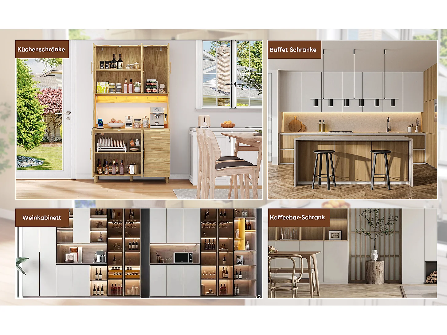 Aparador de cozinha 183cm MDF Rattan LED Tomadas USB 3 gavetas armazenamento dourado