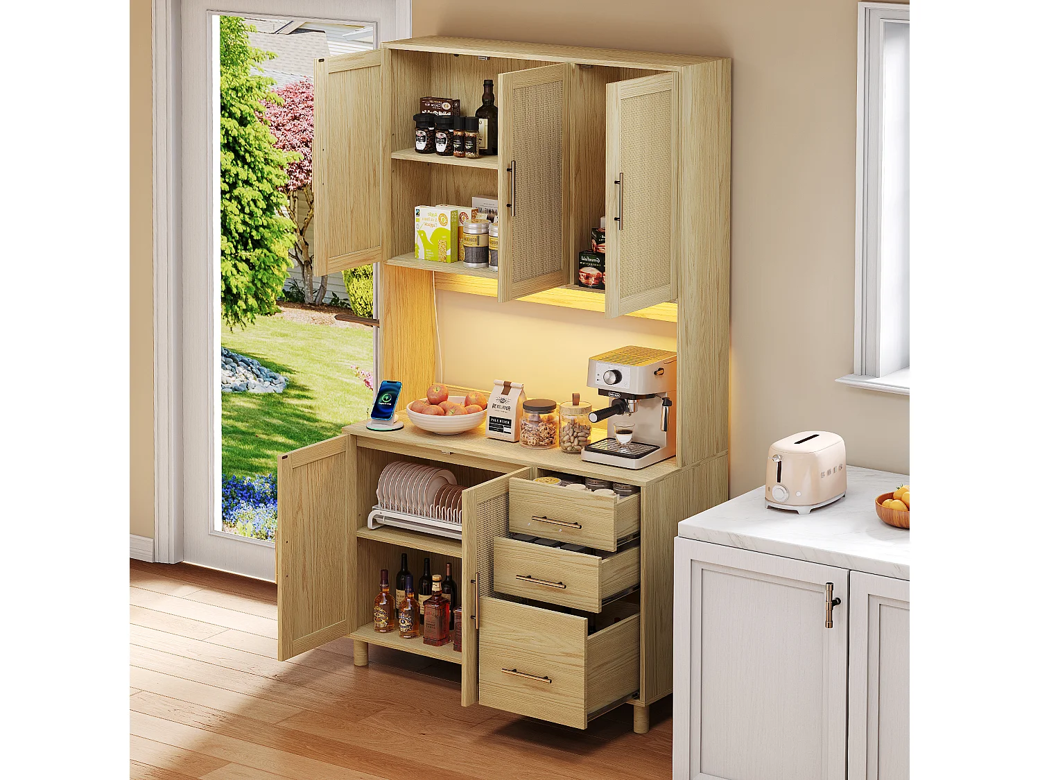 Aparador de cozinha 183cm MDF Rattan LED Tomadas USB 3 gavetas armazenamento dourado