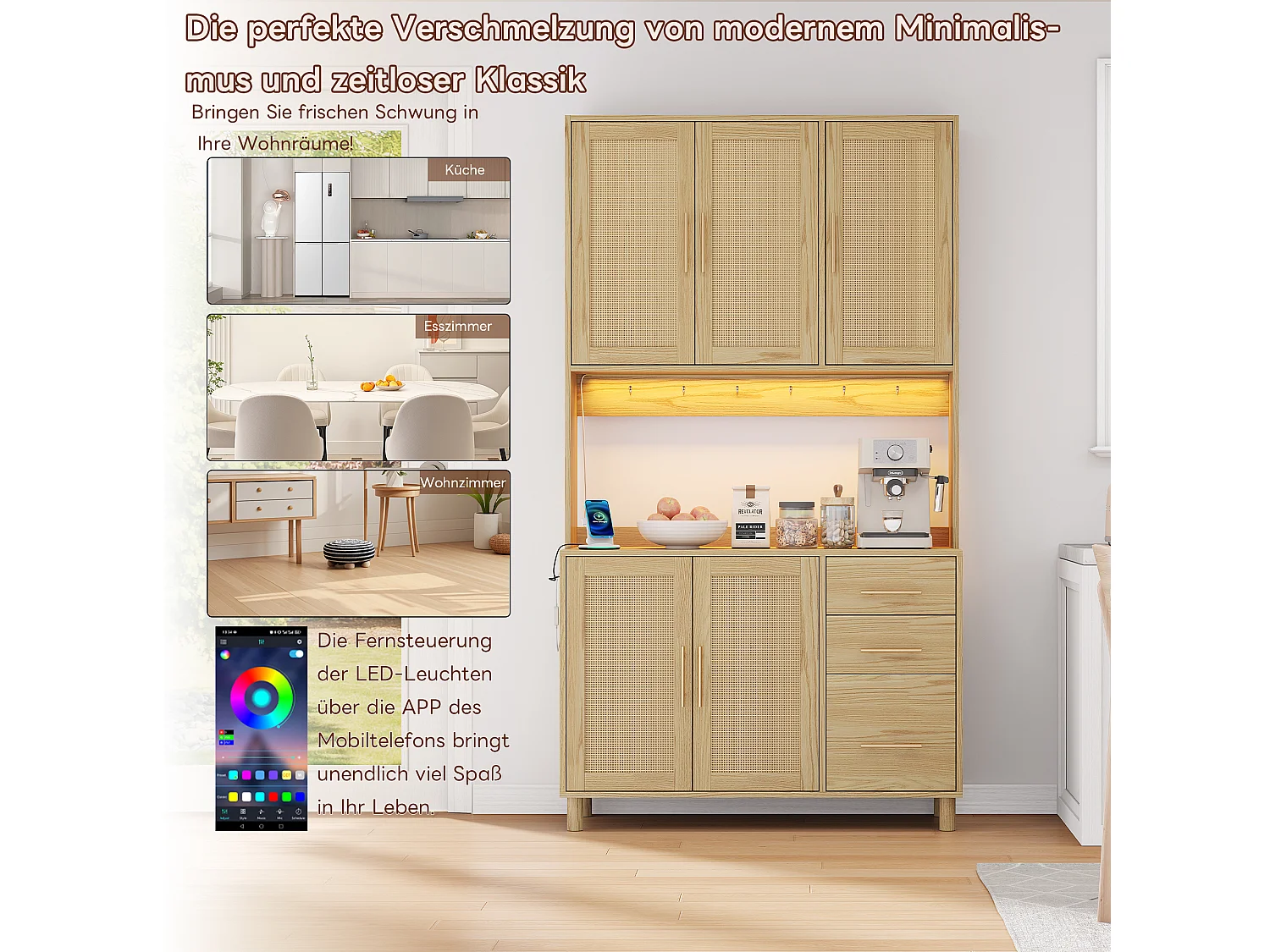 Cucina a buffet 183 cm MDF Rattan LED USB prezzo 3 ripiani rangement doré