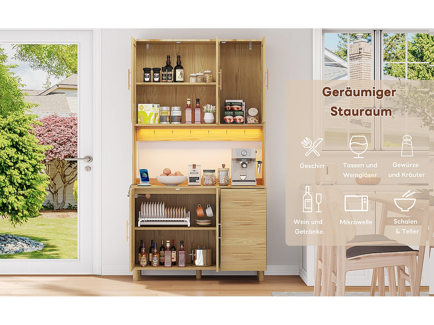 Cucina a buffet 183 cm MDF Rattan LED USB prezzo 3 ripiani rangement doré