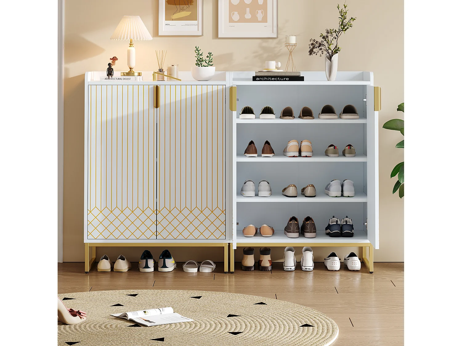 Sapateira MDF branca fosca com 8 prateleiras e puxadores dourados, entrada 75x37x105 cm x2
