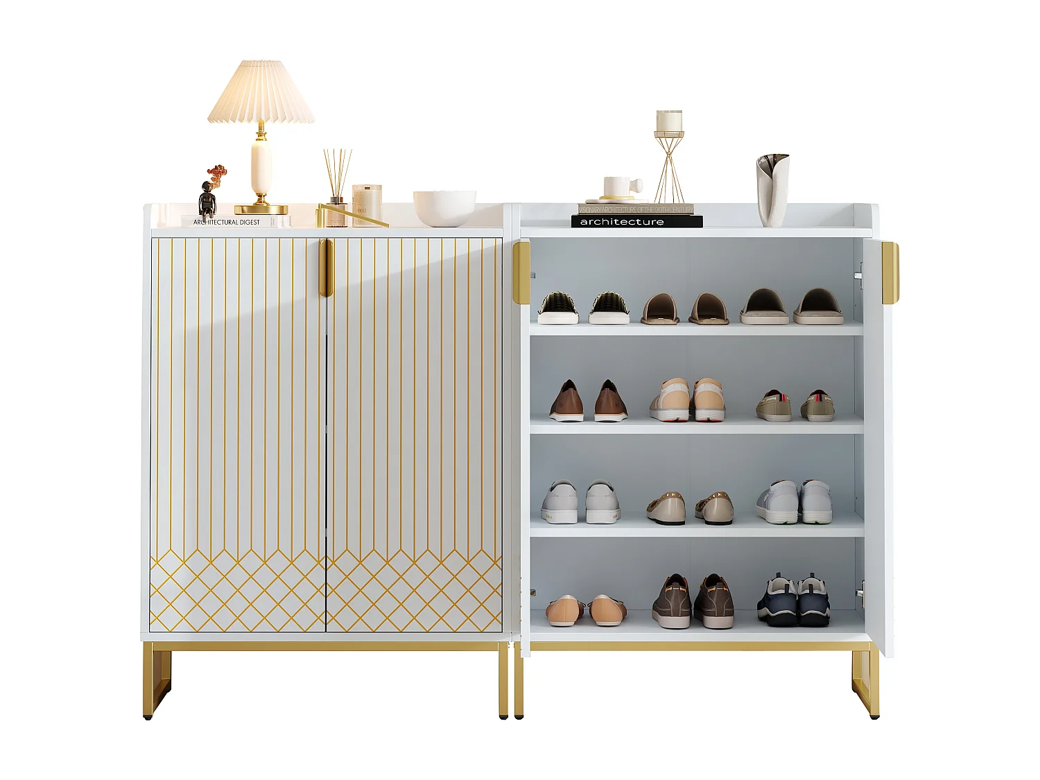 Sapateira MDF branca fosca com 8 prateleiras e puxadores dourados, entrada 75x37x105 cm x2