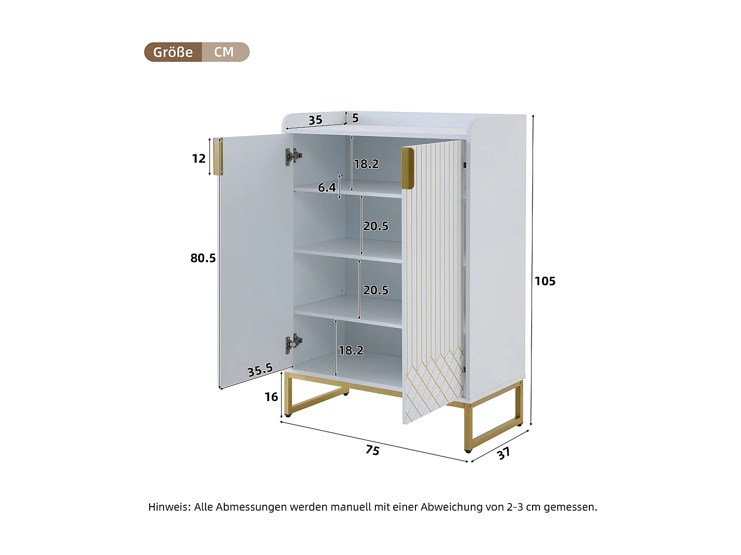 Sapateira MDF branca fosca com 8 prateleiras e puxadores dourados, entrada 75x37x105 cm x2