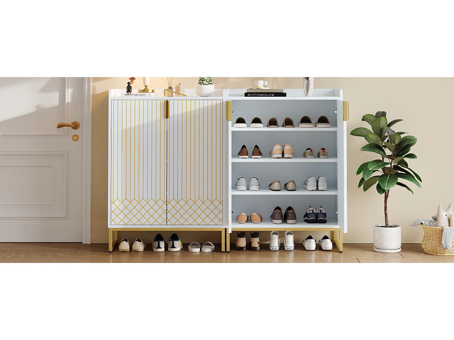Sapateira MDF branca fosca com 8 prateleiras e puxadores dourados, entrada 75x37x105 cm x2