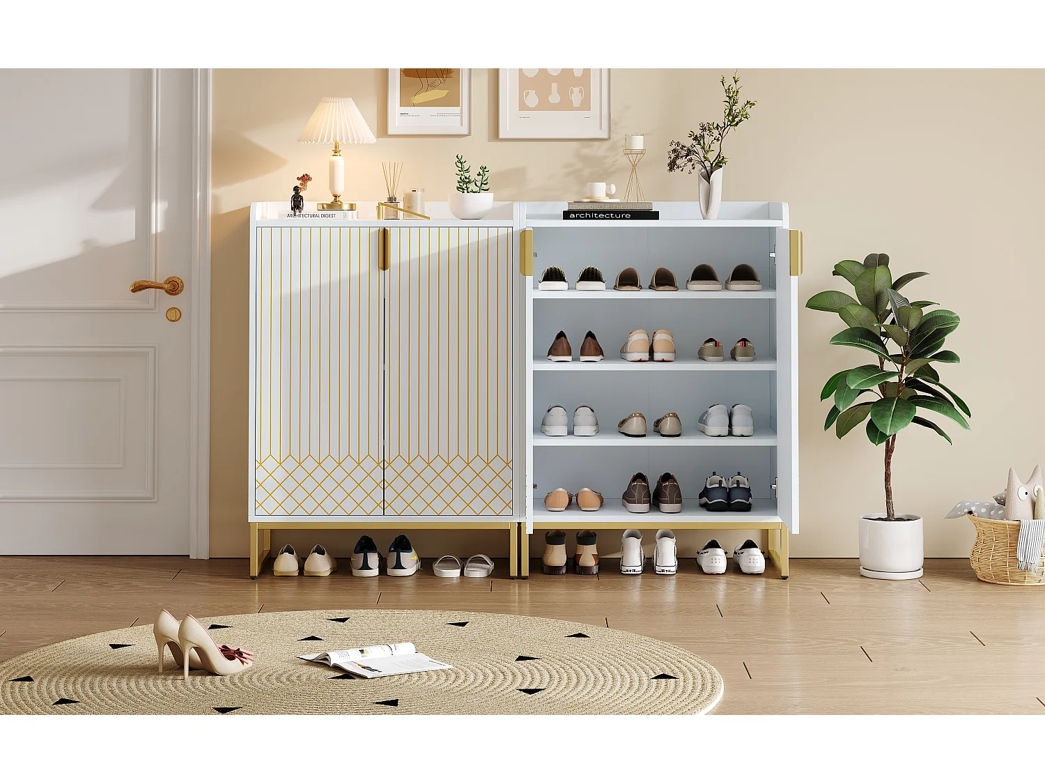 Sapateira MDF branca fosca com 8 prateleiras e puxadores dourados, entrada 75x37x105 cm x2