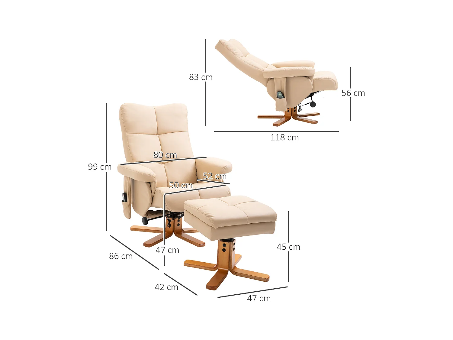 Sillón relax con masaje y otomana reclinable 145° poliéster salón dormitorio crema 80x86x99 cm