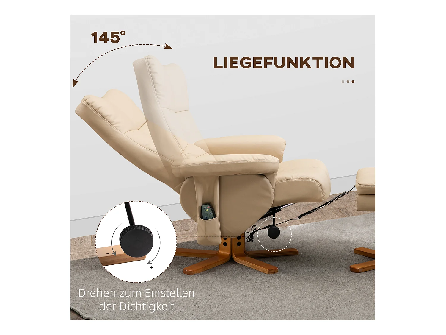 Sillón relax con masaje y otomana reclinable 145° poliéster salón dormitorio crema 80x86x99 cm