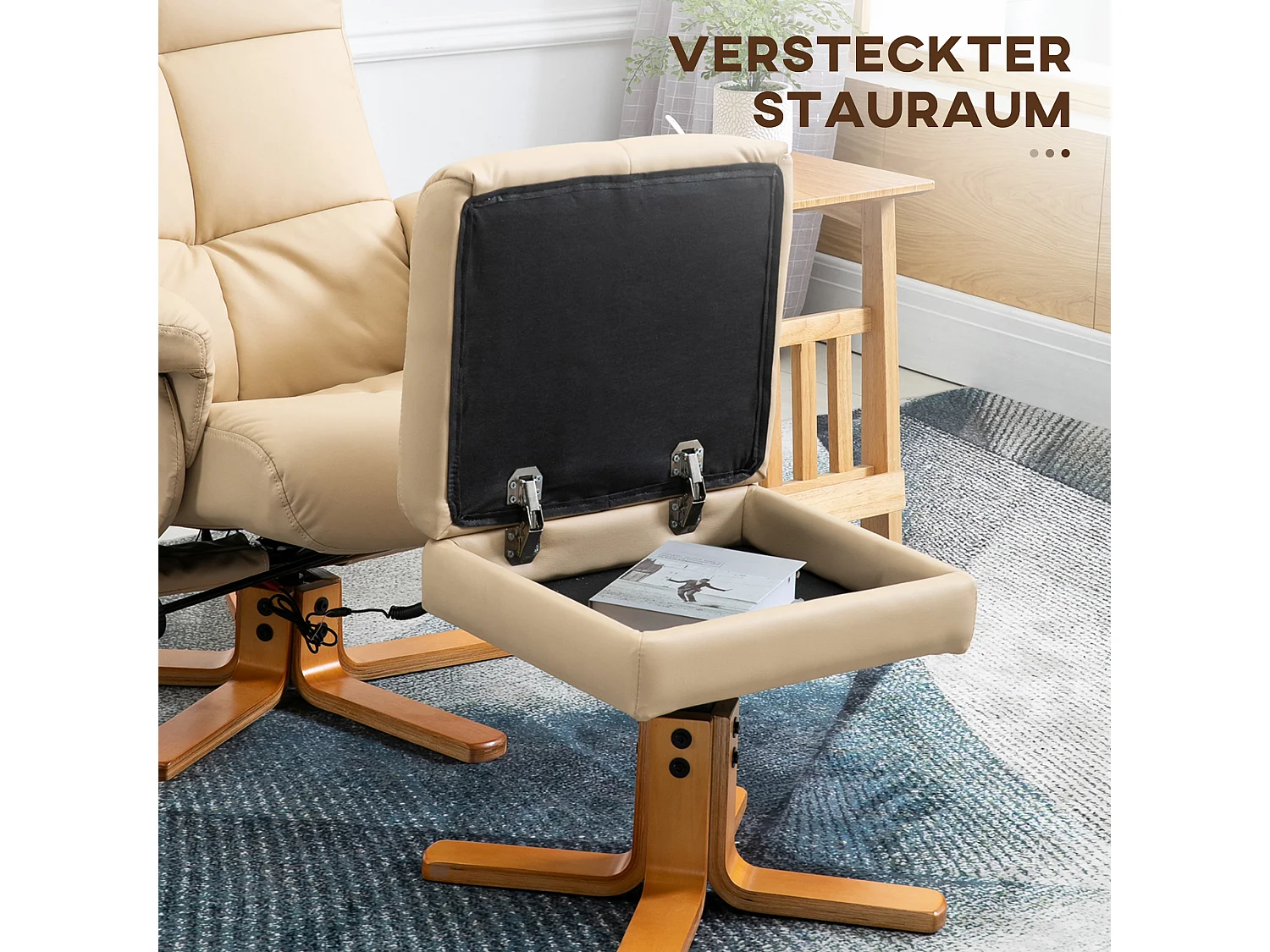 Sillón relax con masaje y otomana reclinable 145° poliéster salón dormitorio crema 80x86x99 cm