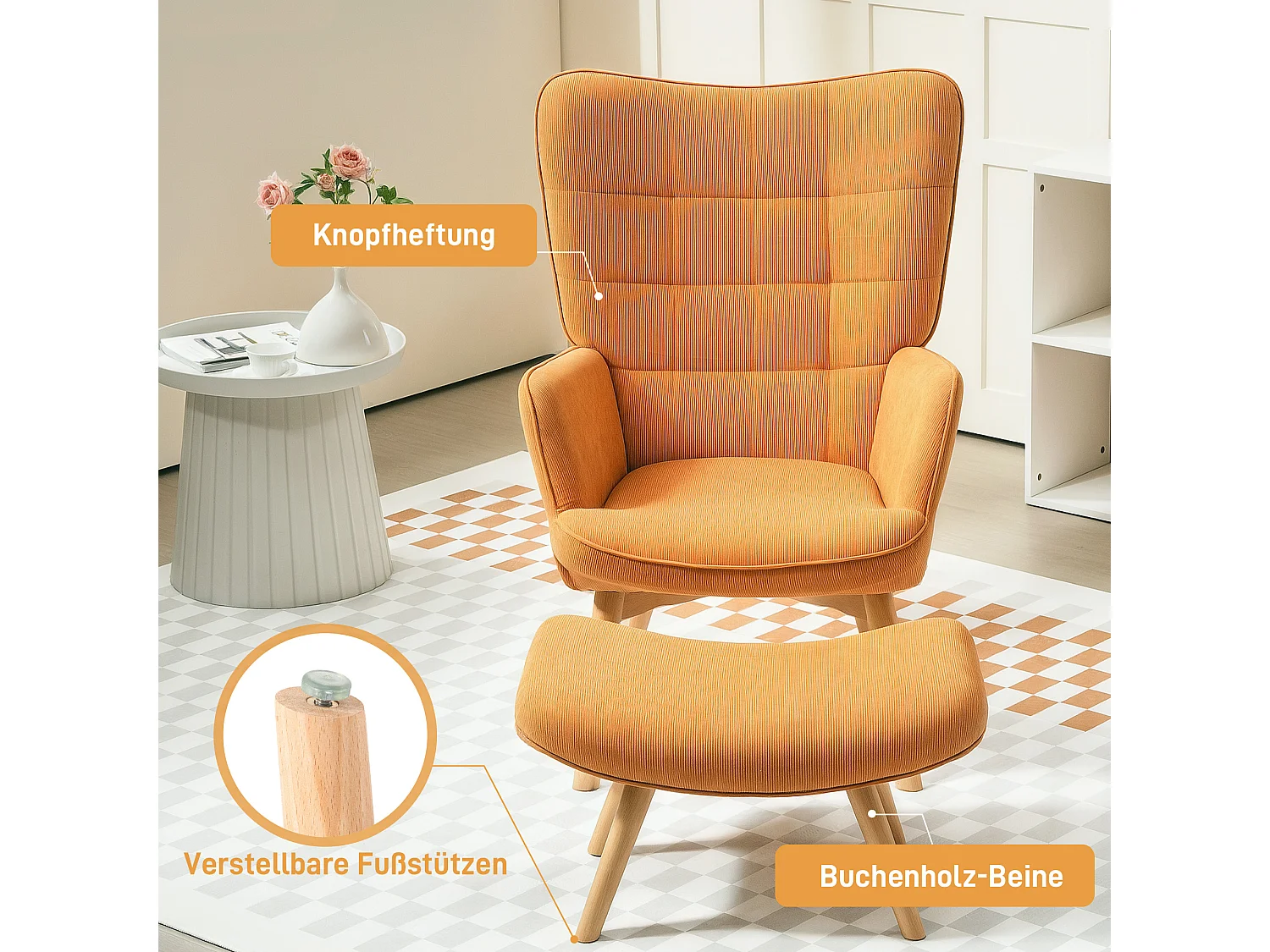 Fauteuil oreille avec pouf velours marron chaise lounge design moderne salon 72x80x101 cm