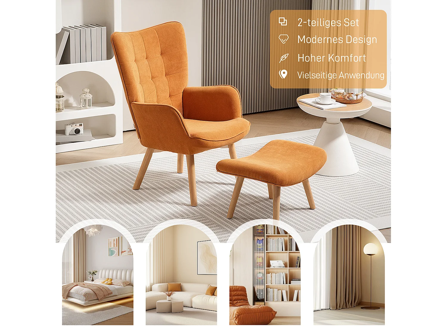 Fauteuil oreille avec pouf velours marron chaise lounge design moderne salon 72x80x101 cm