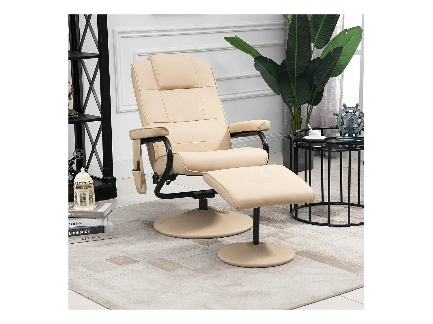 Sedia massante con pouf in pelle sintetica chaise lounge inclinabile salon crema 77x84x95 cm