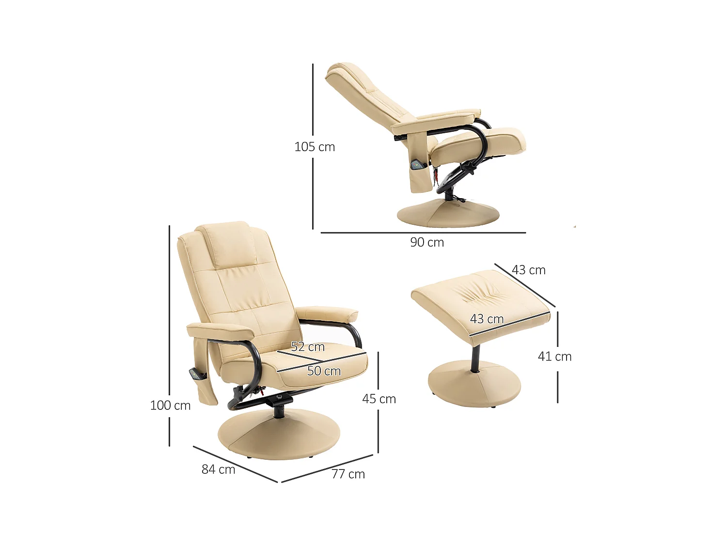 Sedia massante con pouf in pelle sintetica chaise lounge inclinabile salon crema 77x84x95 cm