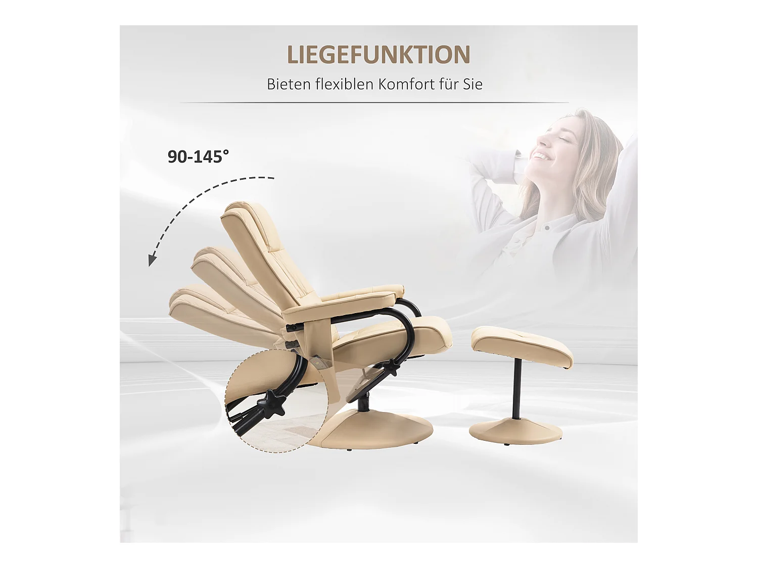 Sedia massante con pouf in pelle sintetica chaise lounge inclinabile salon crema 77x84x95 cm