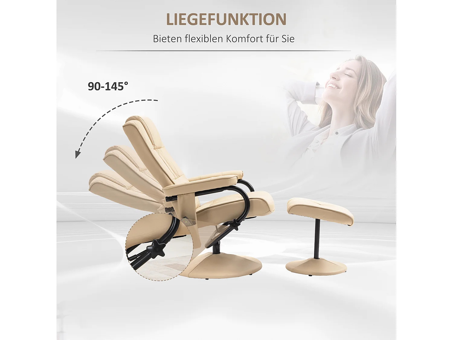 Sedia massante con pouf in pelle sintetica chaise lounge inclinabile salon crema 77x84x95 cm