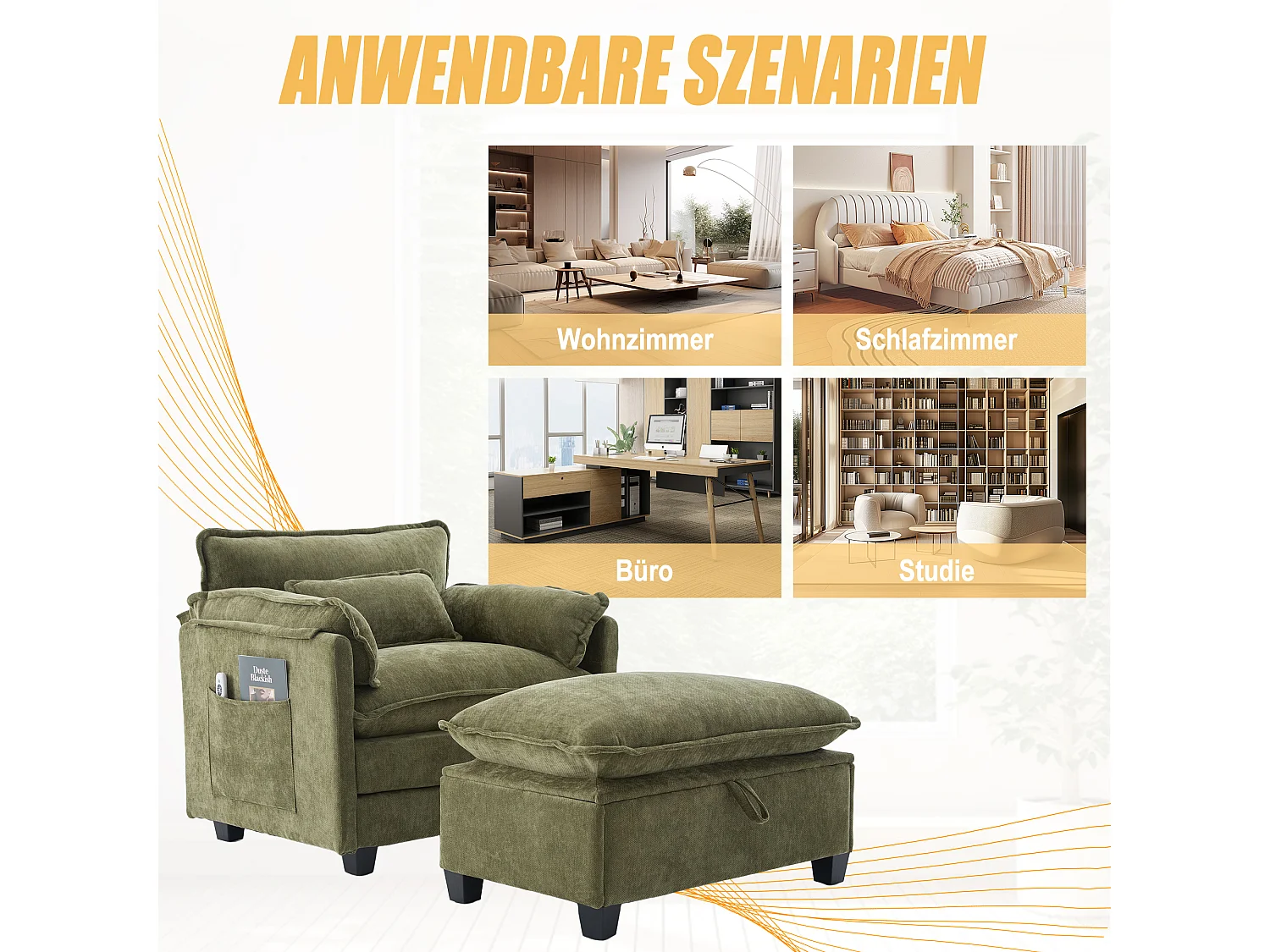 Poltrona lounge surdimensionata con ripiani in ciniglia con fascia e cuscini Beige