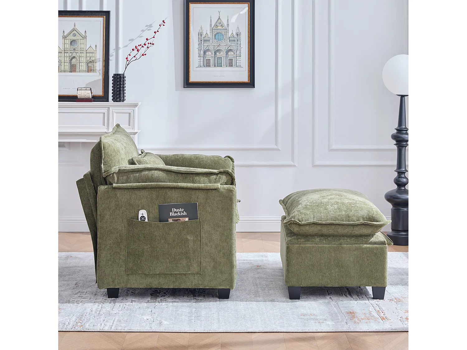 Poltrona lounge surdimensionata con ripiani in ciniglia con fascia e cuscini Beige