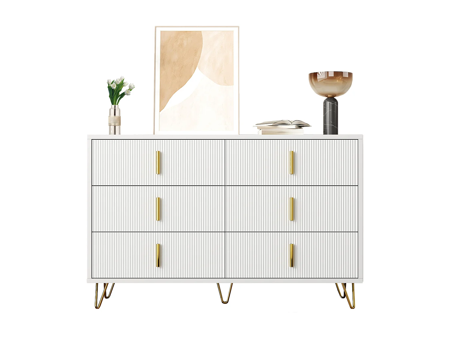 Aparador diseño panel madera ondulado almacenaje 6 cajones salón comedor blanco oro 120x77x40 cm