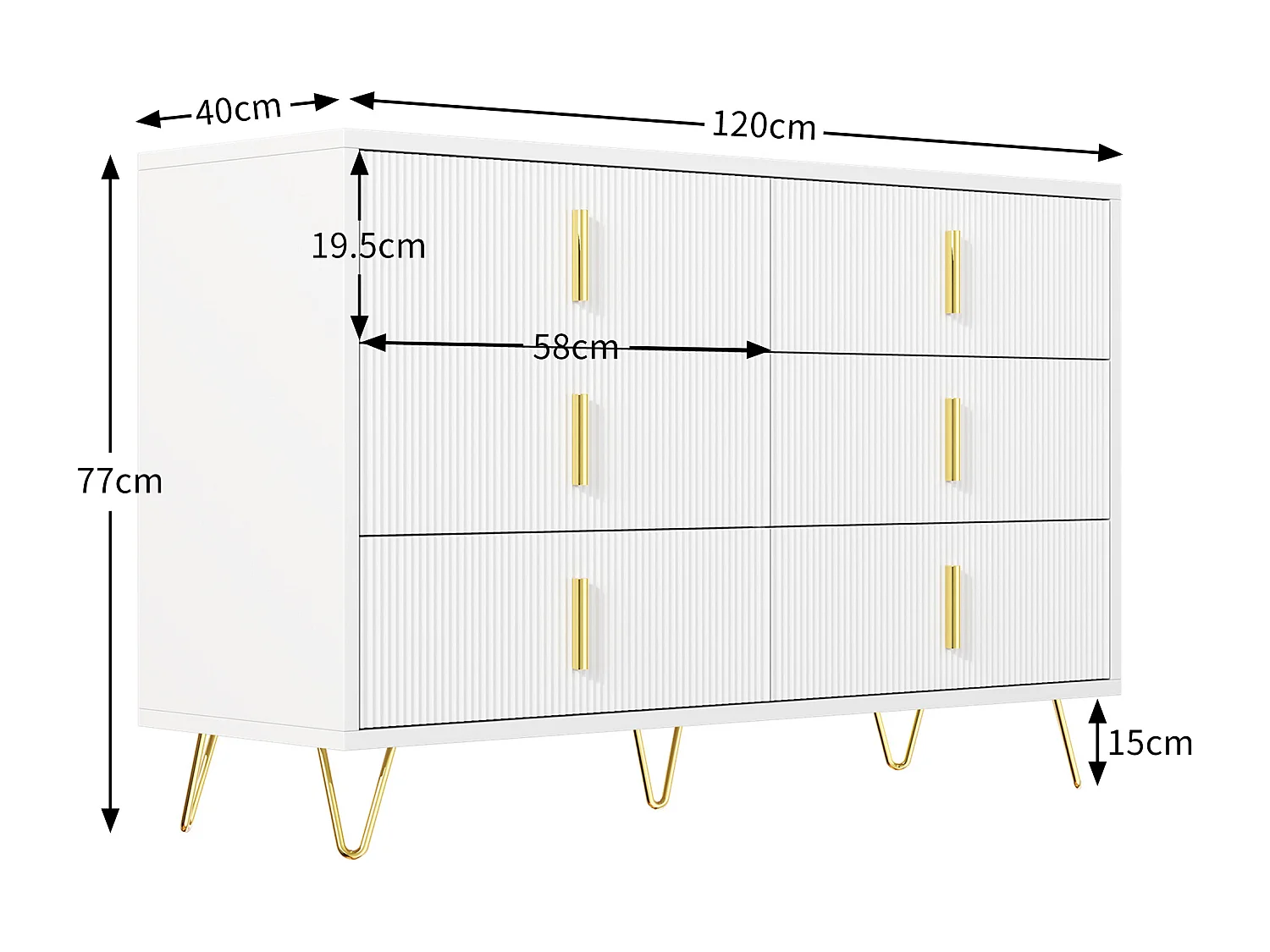 Aparador diseño panel madera ondulado almacenaje 6 cajones salón comedor blanco oro 120x77x40 cm