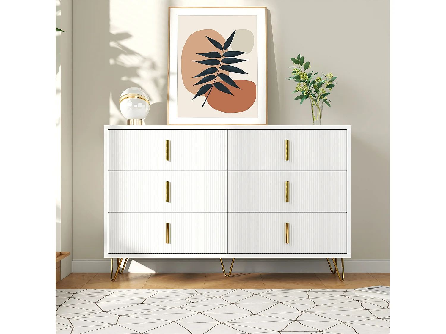 Aparador diseño panel madera ondulado almacenaje 6 cajones salón comedor blanco oro 120x77x40 cm