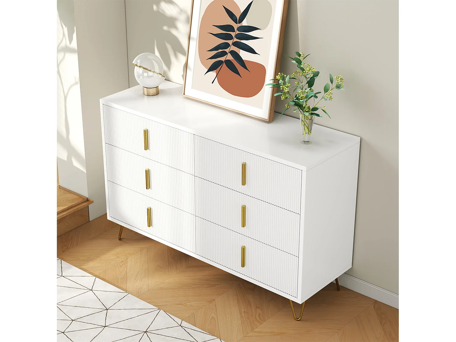 Aparador diseño panel madera ondulado almacenaje 6 cajones salón comedor blanco oro 120x77x40 cm