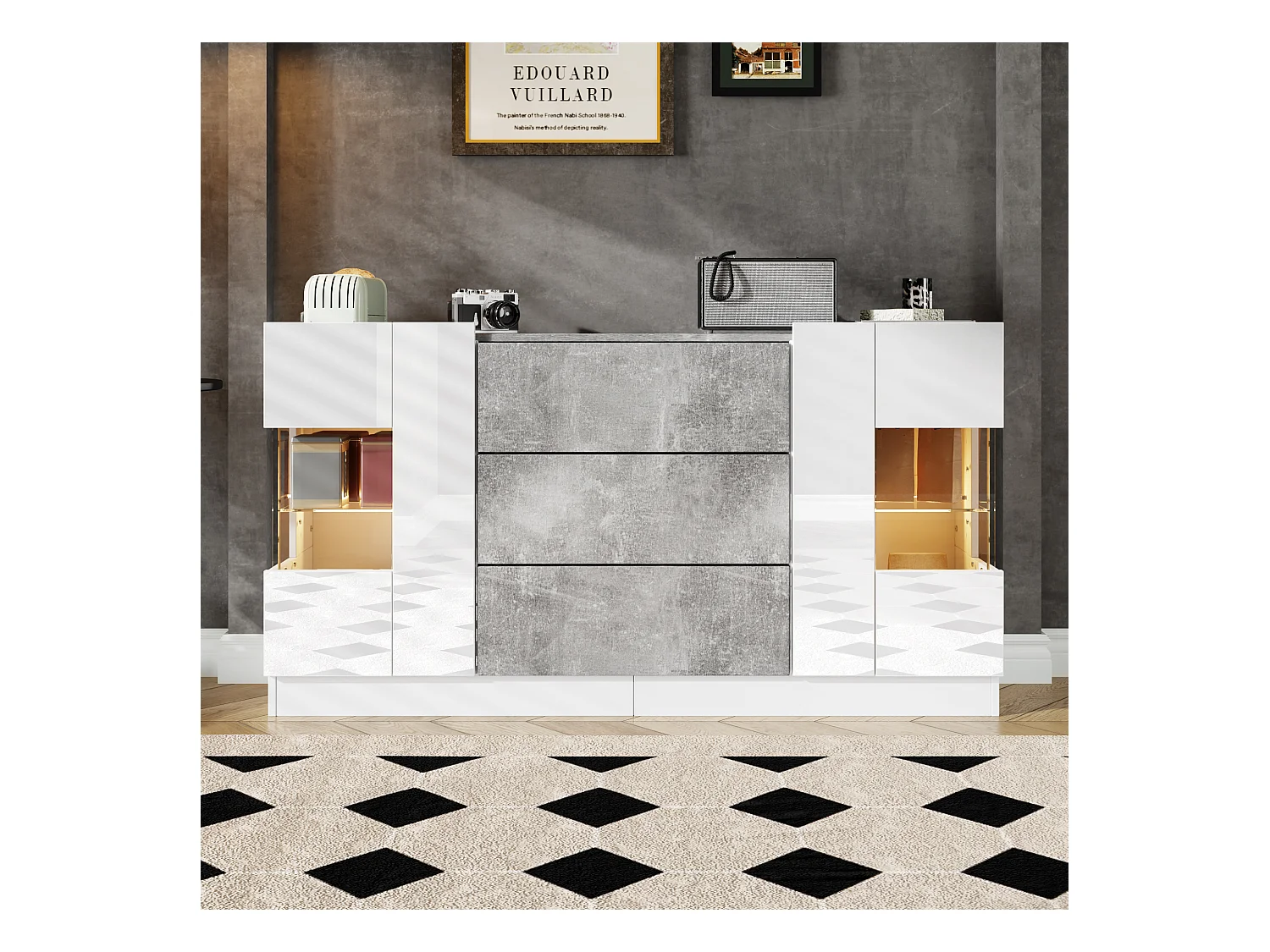 Aparador de salón de MDF PB lacado blanco con almacenaje LED efecto mármol gris 140x35x75 cm