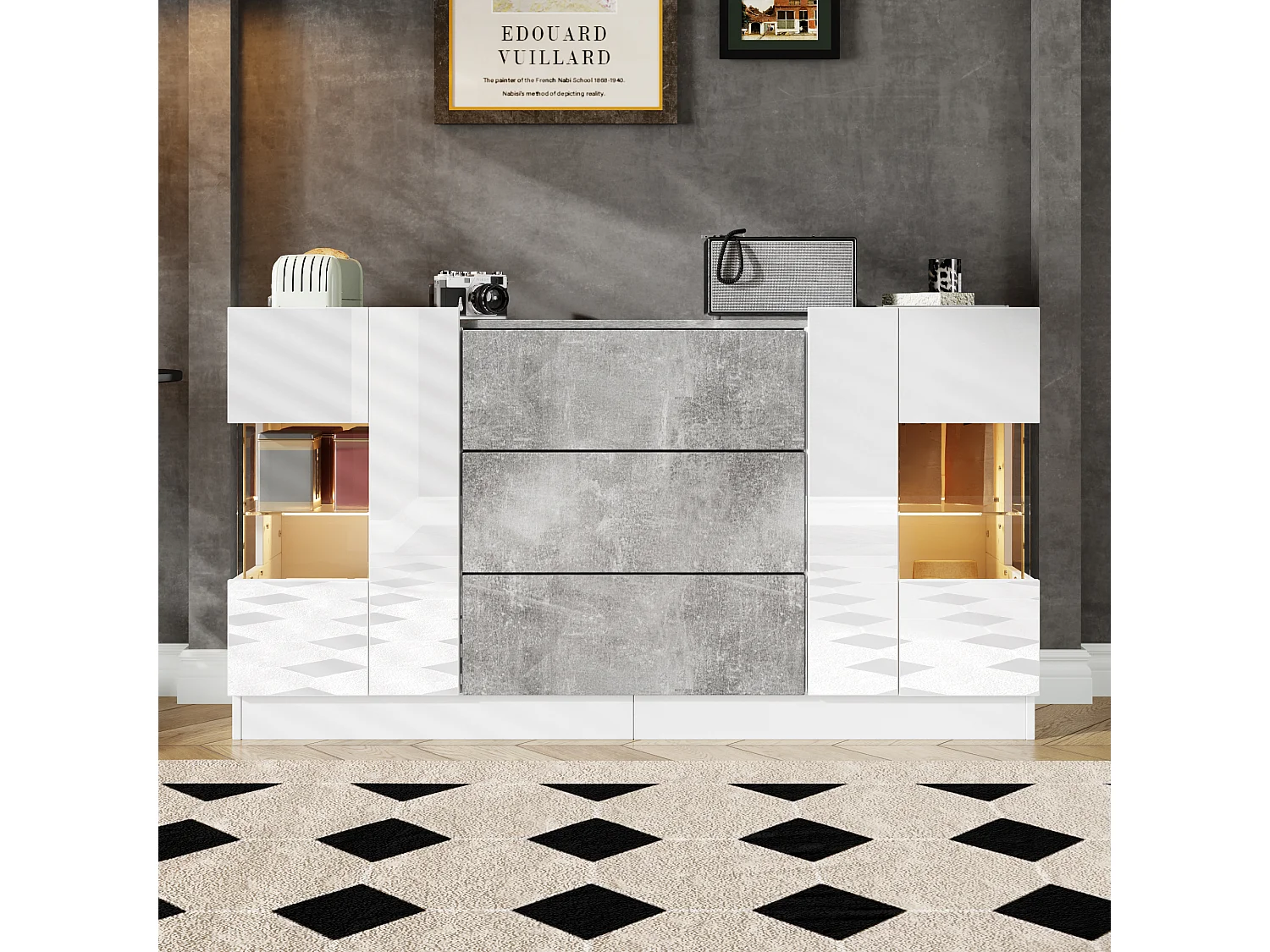 Aparador de salón de MDF PB lacado blanco con almacenaje LED efecto mármol gris 140x35x75 cm