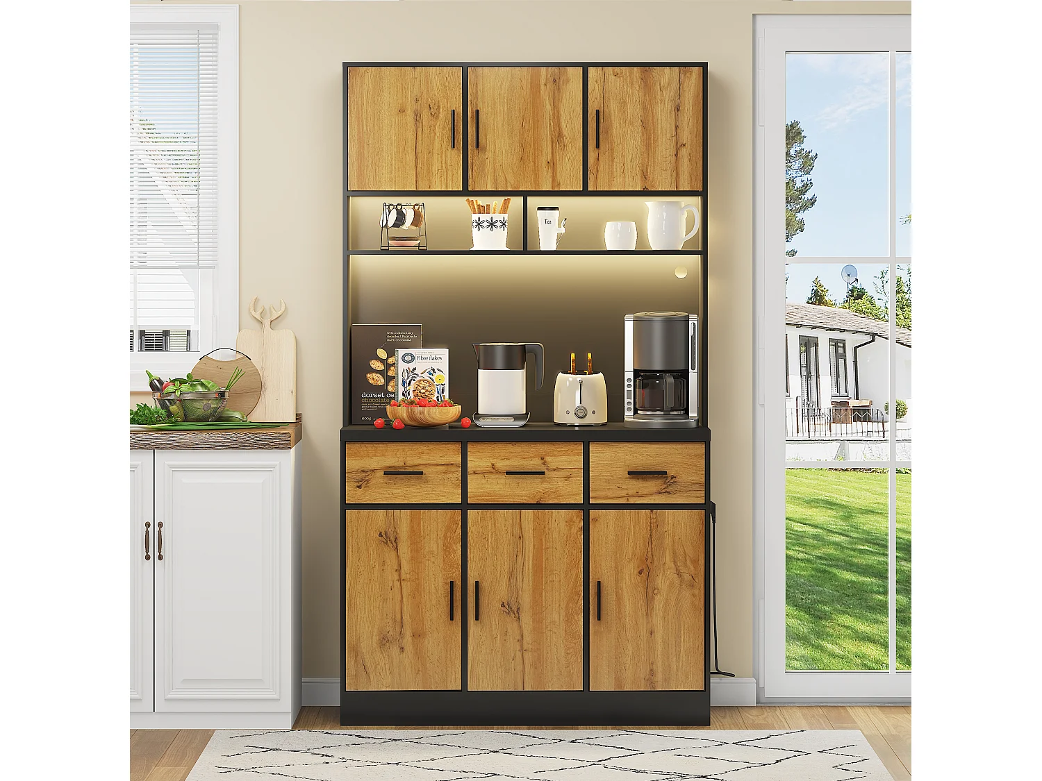 Buffet alto MDF LED 100x40x180 cm con ripiani, ripiani regolabili e prezzi integrati