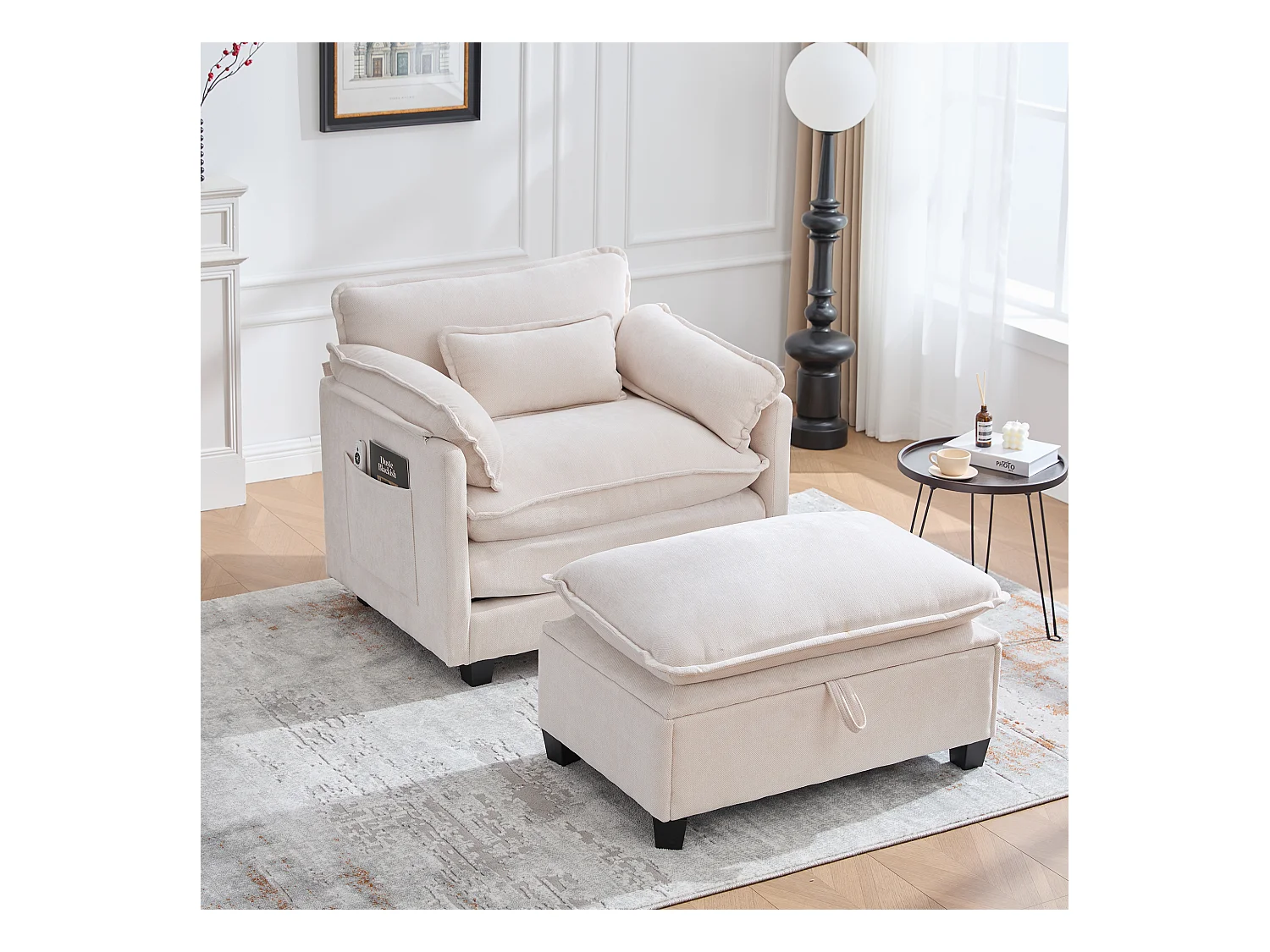 Sillón extragrande de chenilla con otomana, espacio de almacenamiento y cojines para sala de estar y dormitorio, color beige.