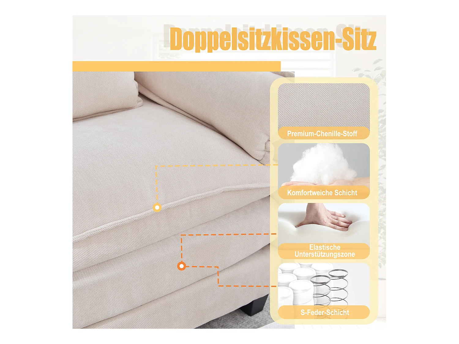 Sillón extragrande de chenilla con otomana, espacio de almacenamiento y cojines para sala de estar y dormitorio, color beige.