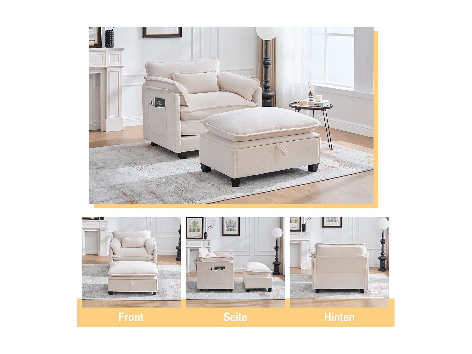 Sillón extragrande de chenilla con otomana, espacio de almacenamiento y cojines para sala de estar y dormitorio, color beige.