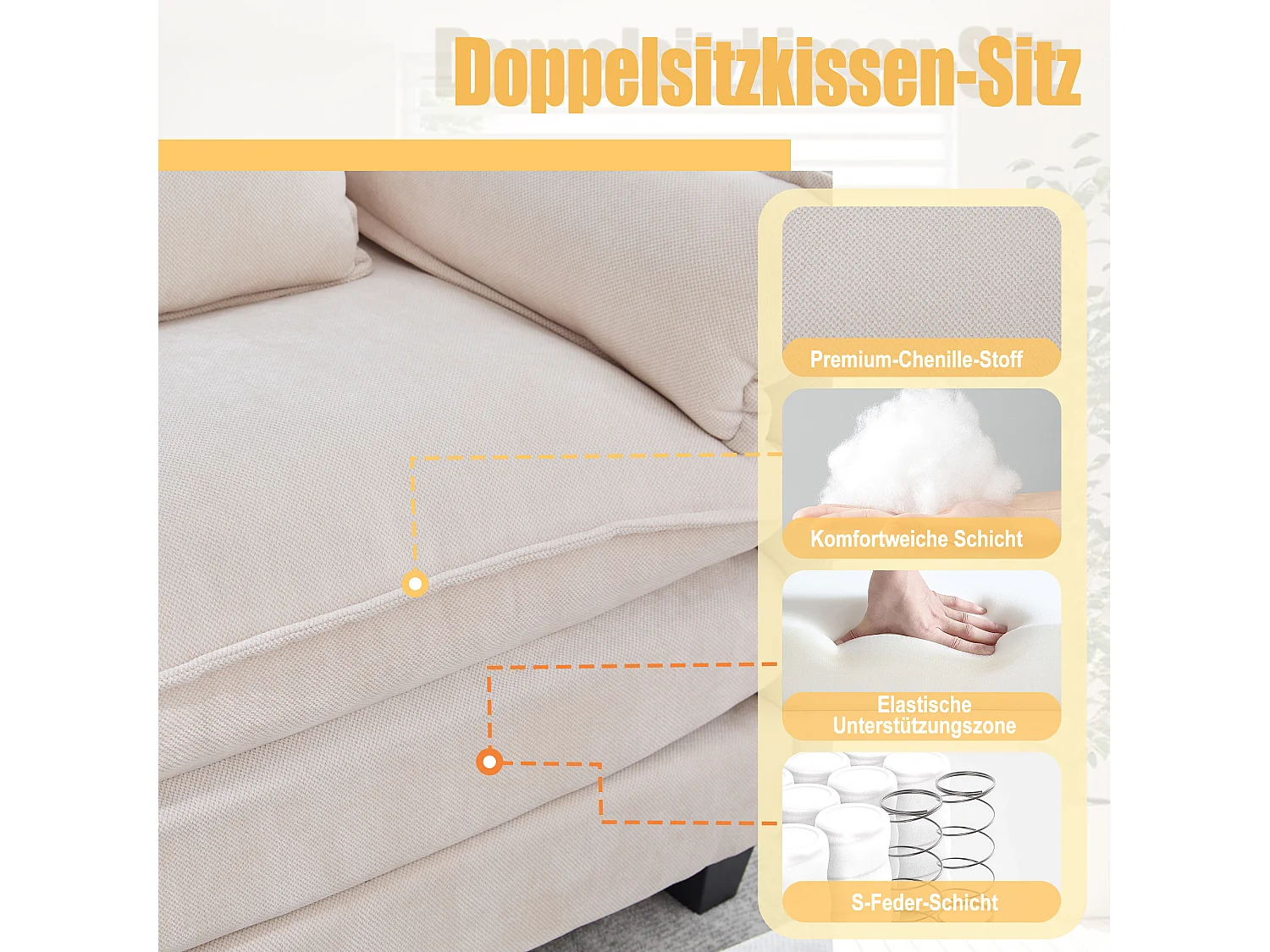 Poltrona lounge surdimensionata con poggiapiedi in ciniglia con zona pranzo e cuscini per camera da letto Beige