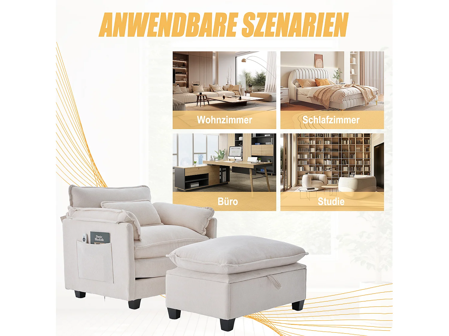 Poltrona lounge surdimensionata con poggiapiedi in ciniglia con zona pranzo e cuscini per camera da letto Beige