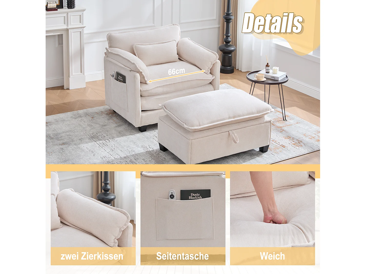 Poltrona lounge surdimensionata con poggiapiedi in ciniglia con zona pranzo e cuscini per camera da letto Beige