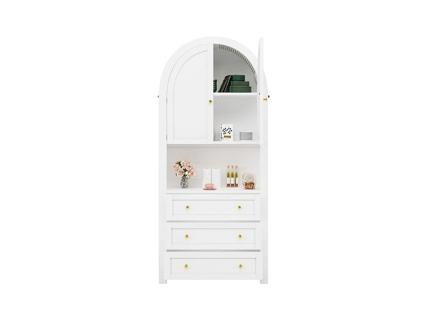 Buffet Haut Arqué 70x35x180cm MDF Avec Tiroirs et Étagères Salon Cuisine Blanc