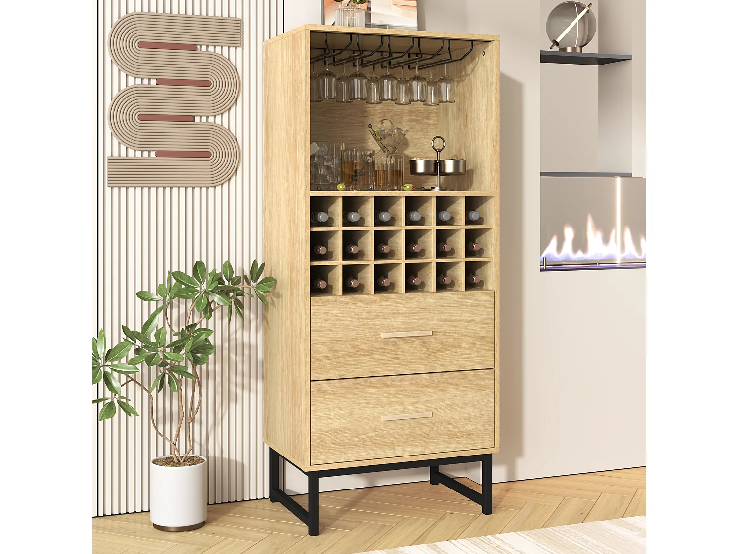 Armário para vinhos em madeira natural PB com porta-garrafas e porta-copos, 18 compartimentos, 2 gavetas, 60 x 39,5 x 141 cm