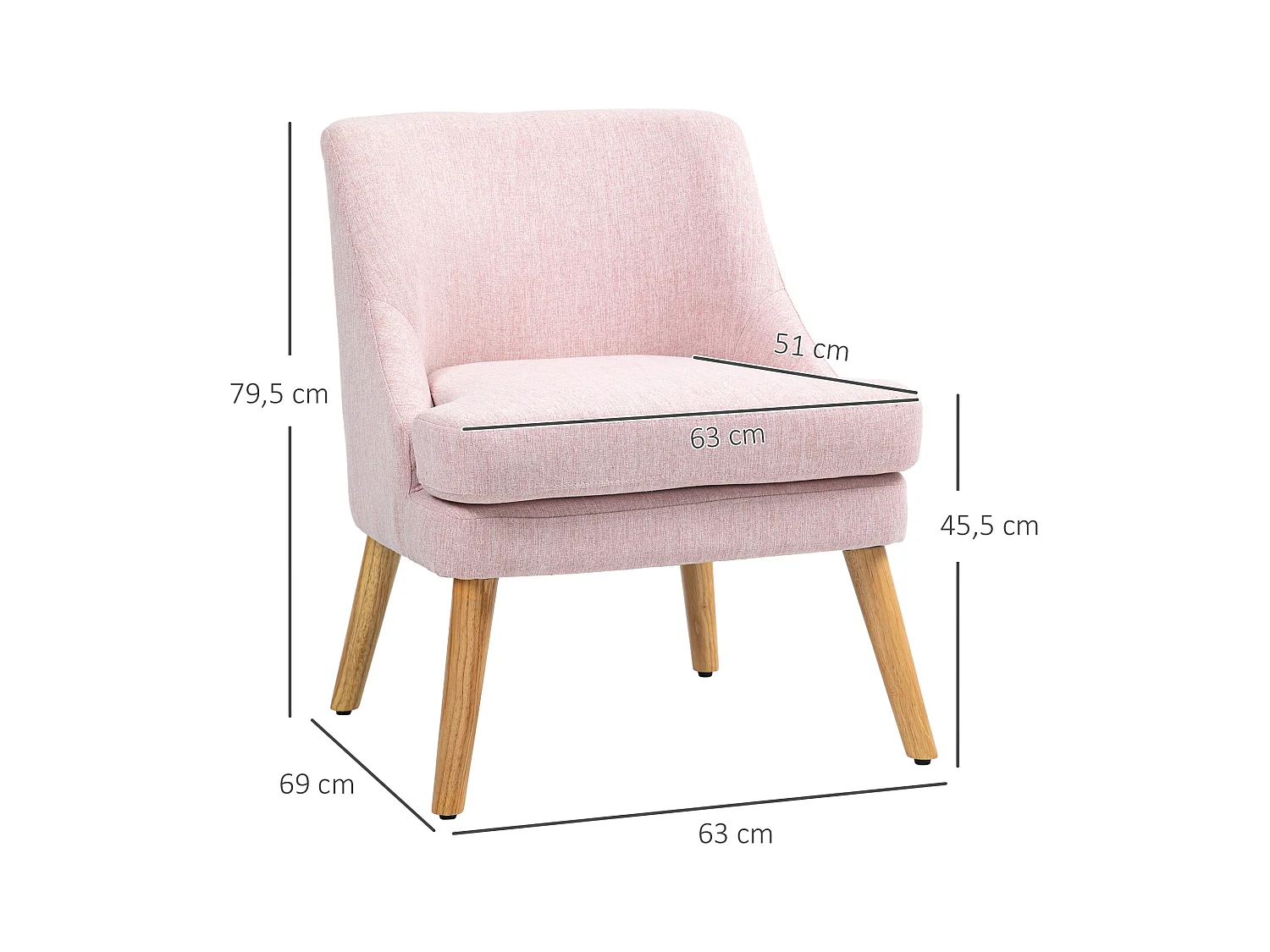 Poltrona lounge com braços em tecido efeito linho com pés de madeira para sala de estar, quarto rosa