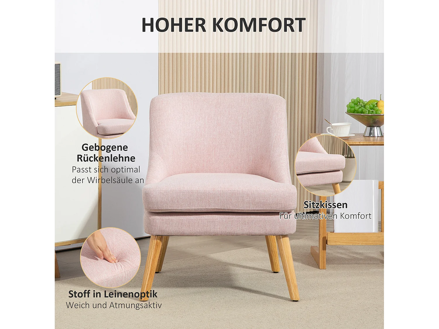 Sillón con brazos en tejido efecto lino con patas de madera para salón, dormitorio rosa