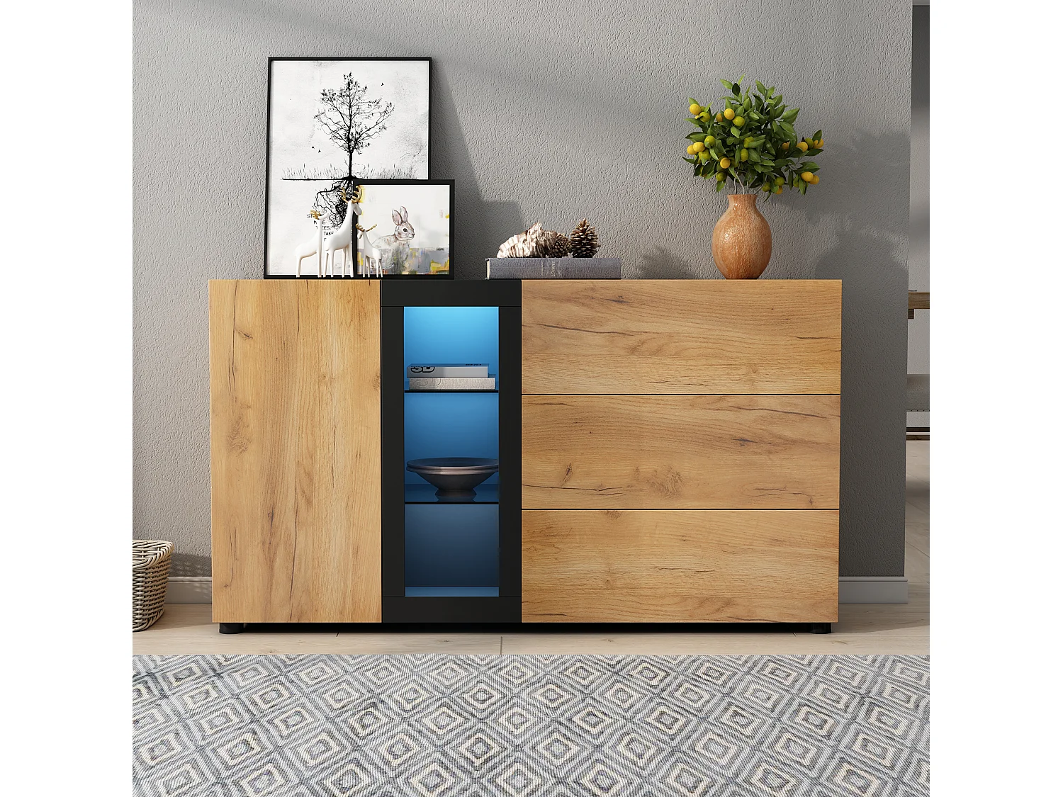 Buffet LED controllato da appli MDF vetro rangement salon salle à manger noir marron 140x40x80 cm